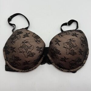 Victorias Secret BioFit‎ Demi Uplift Bra Black Floral Lace Tan 34DD Underwire